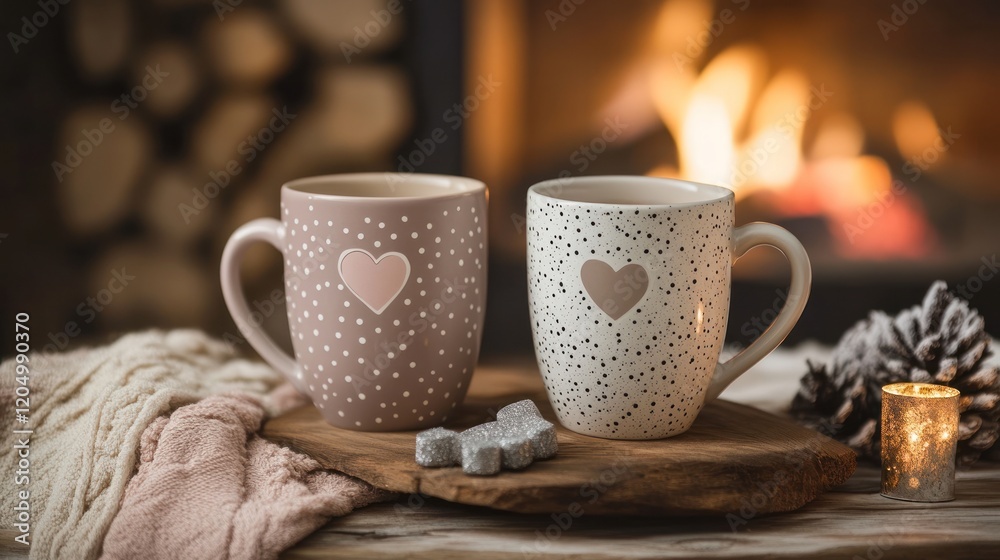 Cozy Winter Evening by the Fireplace: Two mugs of warm beverage, a soft knit blanket, and a warm glow from the fireplace create a peaceful and comforting atmosphere. Cozy Winter Evening by the Fireplace: Two mugs of warm beverage, a soft knit blanket, and a warm glow from the fireplace create a peaceful and comforting atmosphere.
