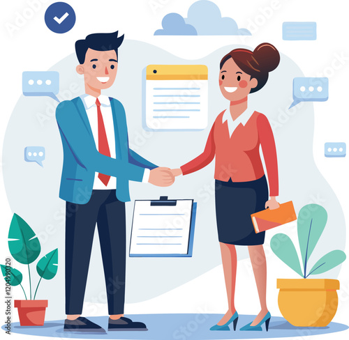 People shaking hands at work - Two businesspeople, man and woman doing handshake in office at work while smiling over business agreement and deal. Flat design stock illustration on white background