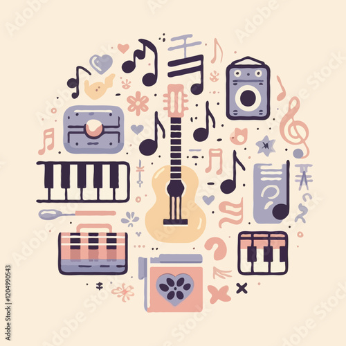 Whimsical Doodle Style Musical Instruments Pattern: Guitars, Pianos, & Amplifiers in a Creative Retro Design