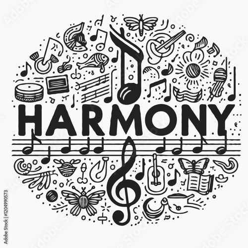 <Harmony and Music Notes: Hand-Drawn Illustration of Whimsical Melody and Design - Creative Musical Art and Doodle Themes>
