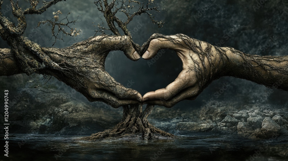 Couple is putting their hands on tree in a shape of heart. Couple is putting their hands on tree in a shape of heart.