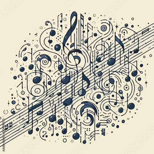 Abstract Musical Notes and Staff Design: A Vibrant Art Illustration with Treble Clef & Quarter Notes in Whimsical Creative Patterns