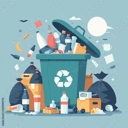 Eco-Friendly Trash and Recycling: Cartoon Illustrations of Urban Waste Management and Environmental Clean Up