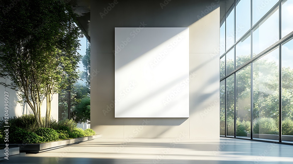 A smooth white banner hanging in a quiet, open space with large windows overlooking a scenic landscape A smooth white banner hanging in a quiet, open space with large windows overlooking a scenic landscape