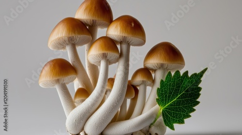 Studio shot of brown mushrooms with leaf, grey background,  health supplement photo