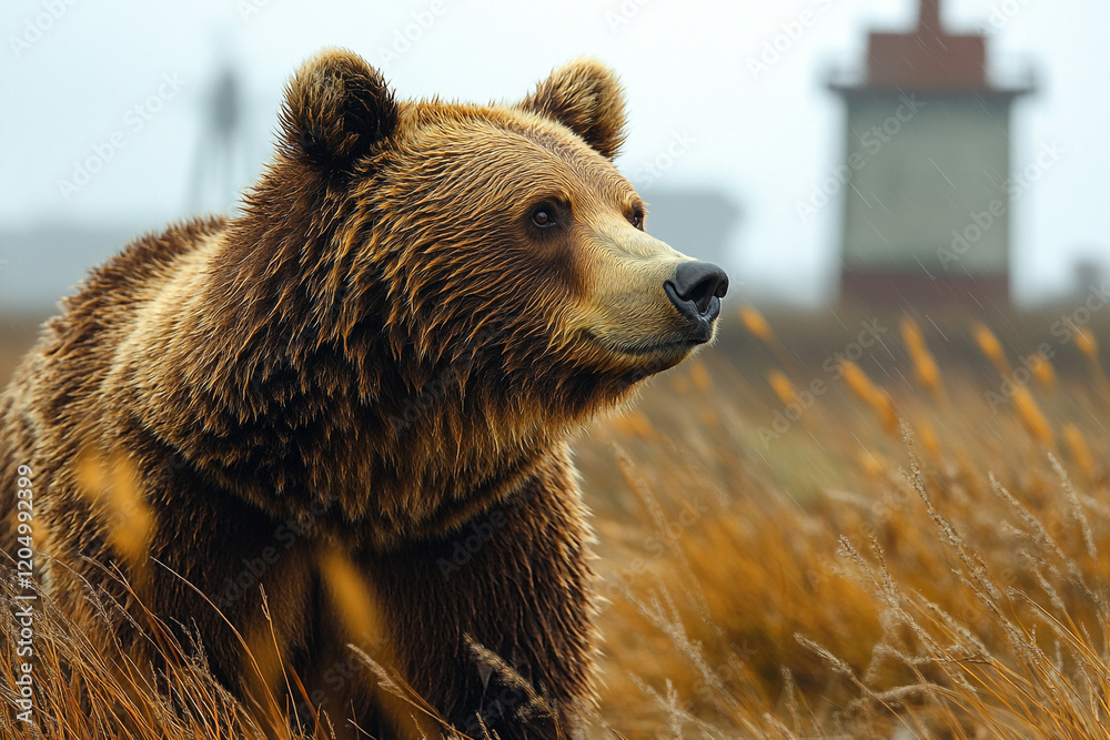 Fototapeta premium Brown Bear in Autumn Grassland Weather