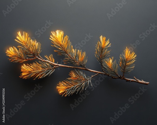 Holographic pine branch with glowing needles on a charcoal gray background
