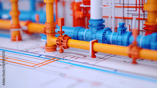 Minimalist schematic diagram of colorful industrial piping system, showcasing blue and orange pipes with detailed connections and measurements