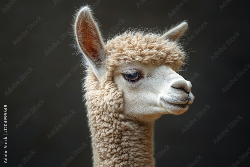 Fototapeta premium A Fluffy White Alpaca Portrait Against Dark Background