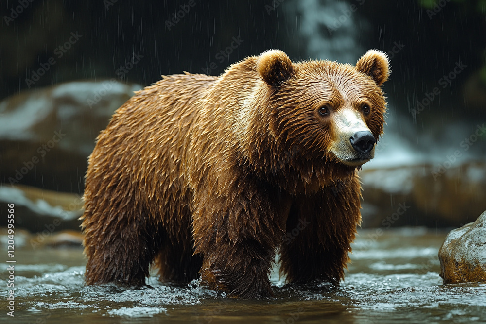 Grizzly Bear Wading Through Rain Water Grizzly Bear Wading Through Rain Water