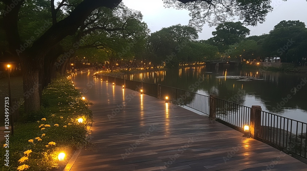 Illuminated Lakeside Promenade Evening Walkway Scenic View Illuminated Lakeside Promenade Evening Walkway Scenic View