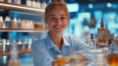 sale, shopping and perfumery concept - happy female assistant with perfume over shop background