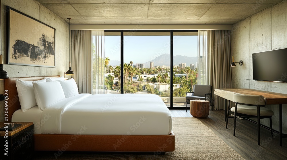 Fototapeta premium Modern hotel room, city view, sunrise, desk, relaxation