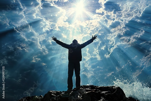 An image of hands holding a glowing holy Jesus Christ cross and the concept of a god helping people