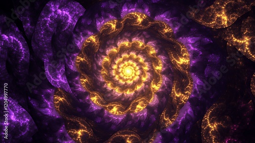 A dynamic galaxy spiral with glowing golden and purple particles, evoking the sensation of a cosmic vortex