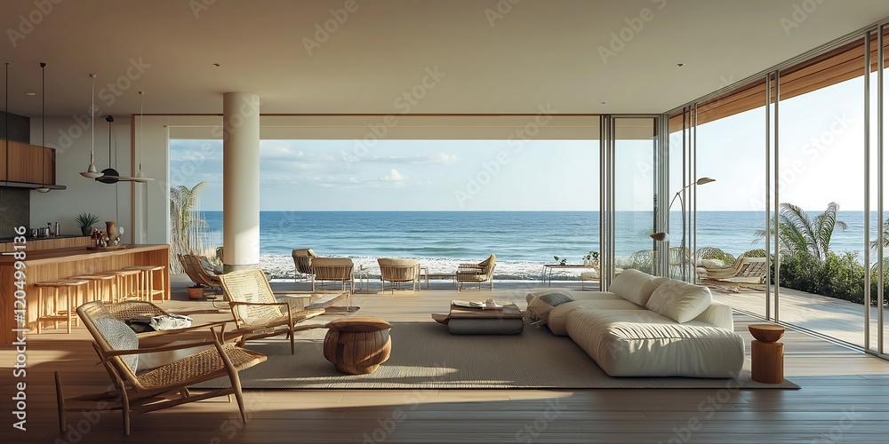 Fototapeta premium Stylish Beach House Featuring an Open Floor Plan, Perfect for Coastal Living and Seaside Comfort