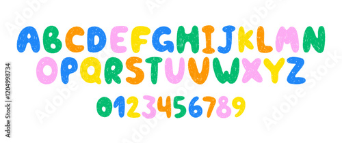 Hand drawn font with crayon or pastel texture. Cartoon alphabet letters and numbers for school or kindergarten. Kids vector illustration drawn with pencil.