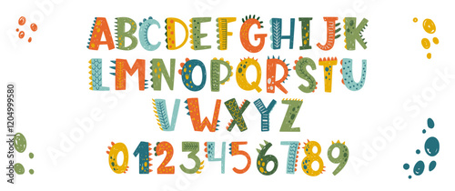 Hand drawn dino font with crayon or pastel texture. Sketch alphabet letters and numbers for school or kindergarten. Kids vector illustration.