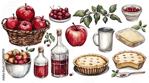 Wallpaper Mural Watercolor Apple Pie and Ingredients Collection. Torontodigital.ca
