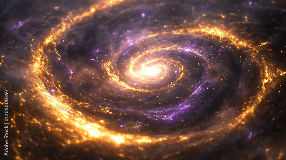 A cosmic spiral effect with glowing golden and purple particles, creating a hypnotic infinite pattern A cosmic spiral effect with glowing golden and purple particles, creating a hypnotic infinite pattern