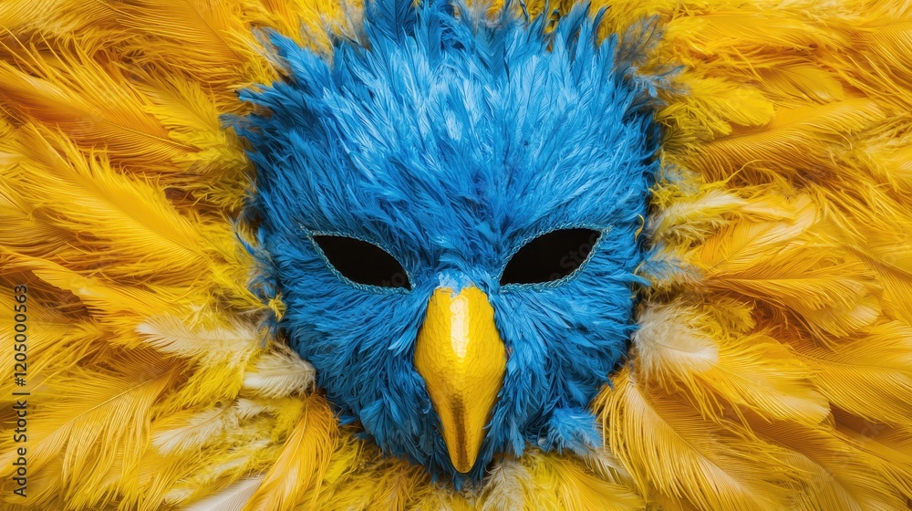 Obraz premium Vibrant Blue and Yellow Feathered Mask with Sharp Beak Design