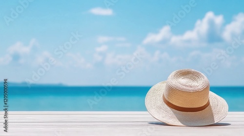 Cozy Straw Hat on Wooden Table with Calm Blue Ocean and Soft Clouds in the Background on a Sunny Day