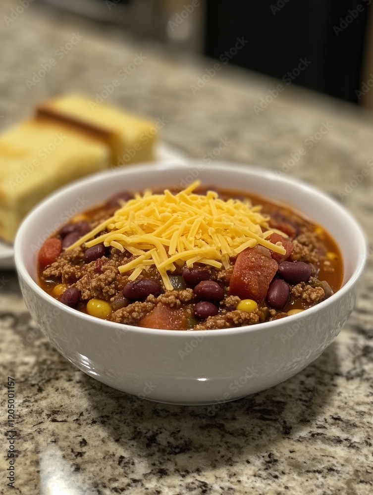A hearty bowl of chili with beans, ground beef, tomatoes, and spices, topped with shredded cheese and served with cornbread.
