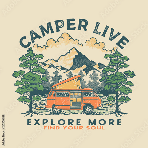 camper illustration car graphic adventure design forest badge mountains vintage camping outdoor