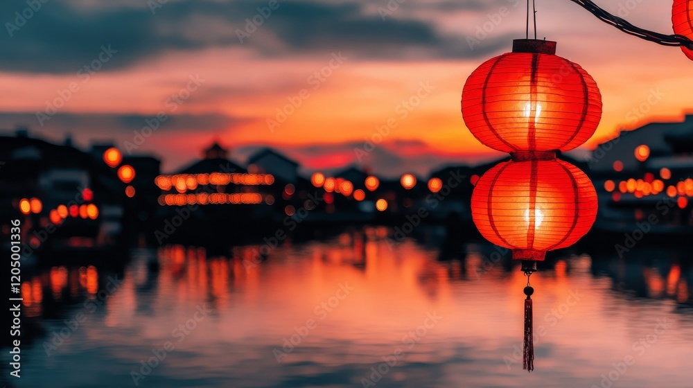 Obraz premium Illuminated Lanterns at Sunset Over Cityscape