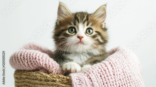 Adorable Fluffy Kitten in a Cozy Basket with a Pink Knitted Blanket