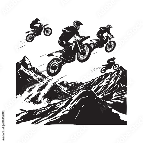 Motocross Race Evolution, Side View Silhouette, 
A skillful motocross racer soars into the air during an exhilarating race
