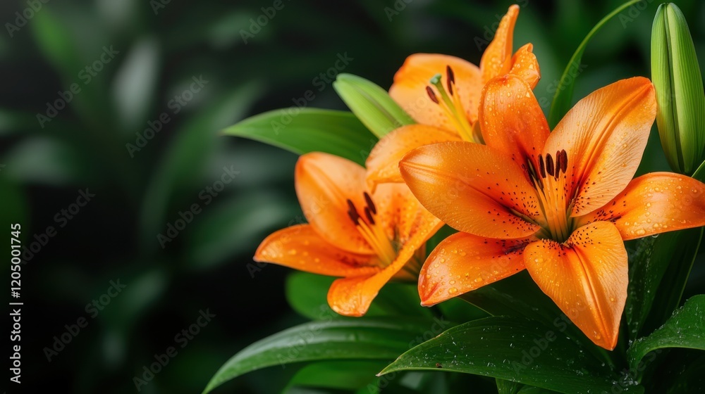 Vibrant Orange Lily Flowers with Green Leaves in Soft Natural Light for Beautiful Floral Design Background Vibrant Orange Lily Flowers with Green Leaves in Soft Natural Light for Beautiful Floral Design Background