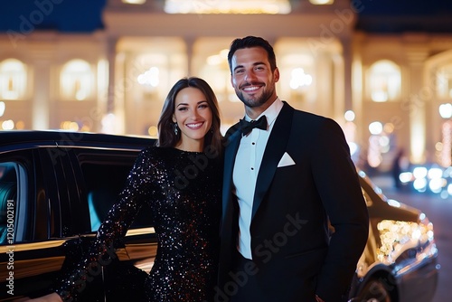 Glamorous Couple Stepping Out of Limousine at Lavish Hotel Entrance with Paparazzi photo