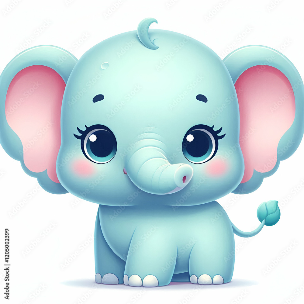 Naklejka premium Cute baby elephant cartoon, chibi style, large round head, big blue eyes, tiny trunk, pink inner ears, small tail, light blue color, soft pastel background, kawaii character design, children's book il