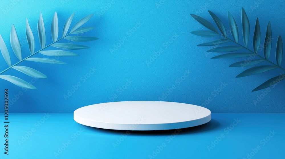 Obraz premium Minimalist Display Platform with Tropical Leaves and Blue Background