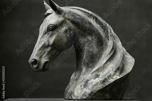 Elegant Grey Horse Head Sculpture On Dark Background photo