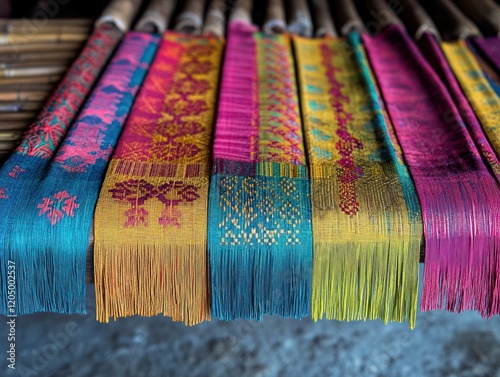 Handwoven textiles featuring vibrant colours, intricate patterns and detailed fringe designs photo