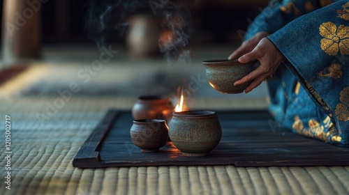 Hands holding tea bowl with steam in a Japanese tea ceremony setting with lit bowls photo