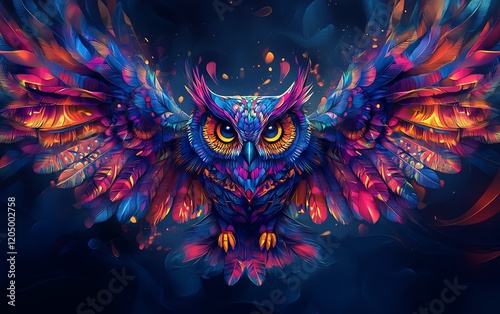 Geometric owl with spread wings, showcasing intricate patterns and vibrant colors, illuminated against a dark, moody background for a bold and captivating image photo