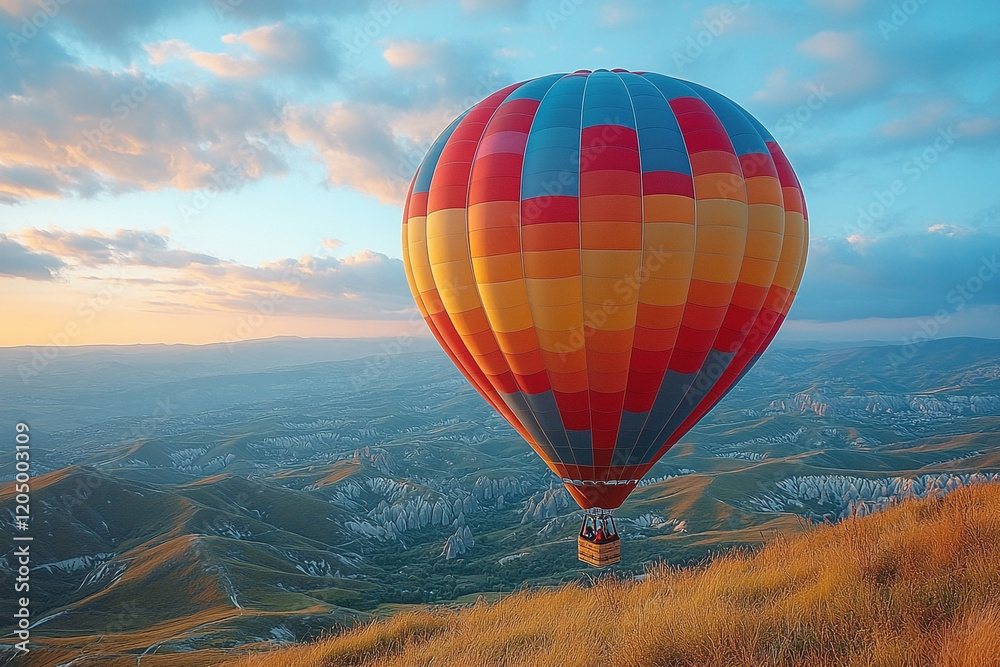 Obraz premium Colorful Hot Air Balloon Soaring Over Scenic Mountains