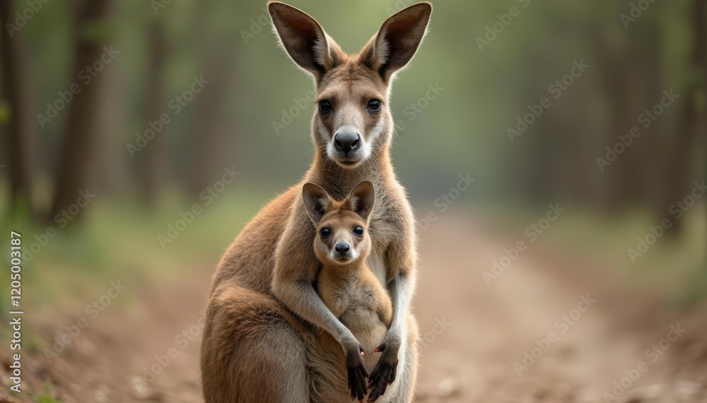 Kangaroo is standing with a background of trees Kangaroo is standing with a background of trees