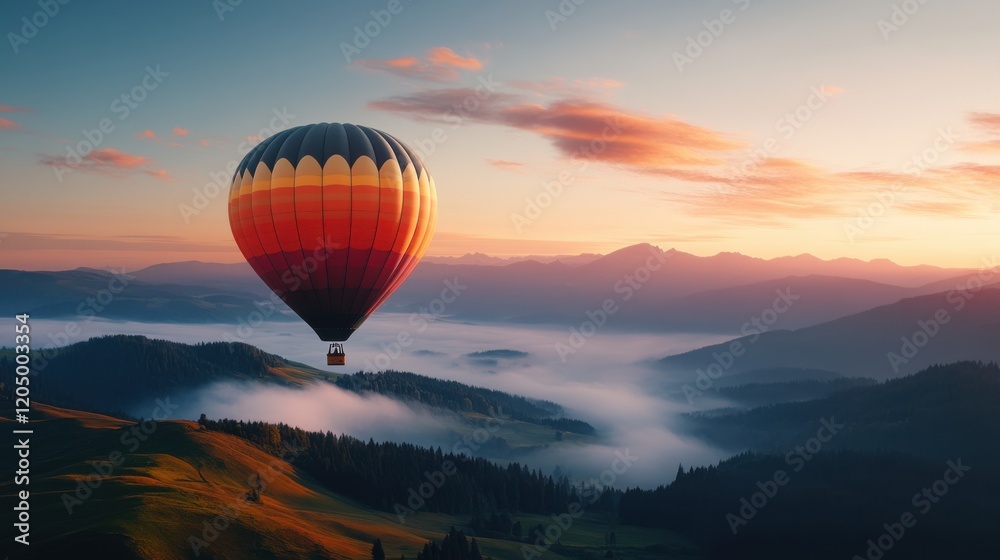 Majestic Hot Air Balloon Floating Over Serene Mountain Landscape at Sunrise with Colorful Sky and Mist Majestic Hot Air Balloon Floating Over Serene Mountain Landscape at Sunrise with Colorful Sky and Mist