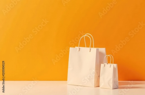 illustration of paper bags standing on white poduim in front of bright orange backdrop. Gift package presentation mockup photo