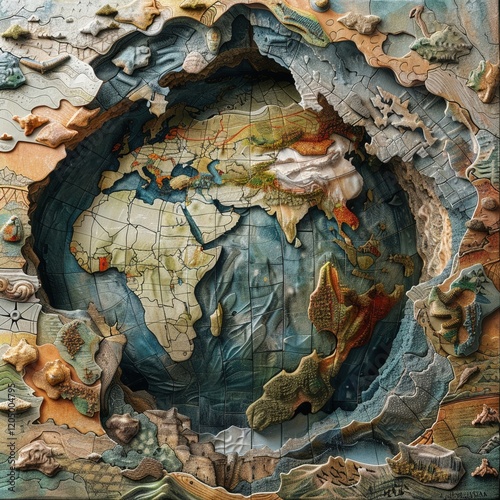 Craft a thought-provoking composition showcasing Earths continents converging into a powerful supercontinent Emphasize the beauty of diversity coming together, with intricate patterns representing  photo