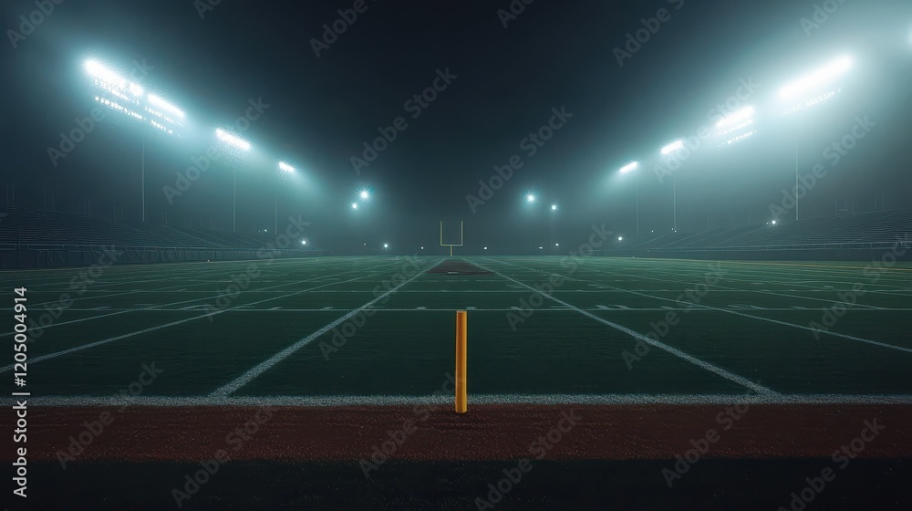 Naklejka premium Empty American football field at night under bright stadium lights.