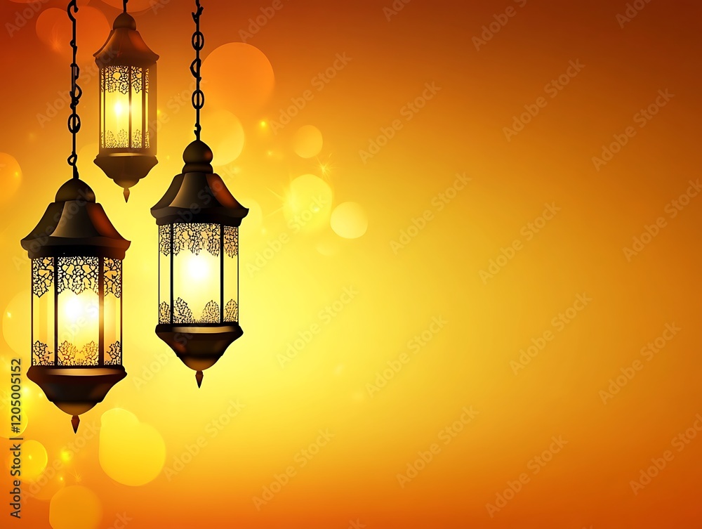 Three illuminated lanterns hang against a warm golden background Three illuminated lanterns hang against a warm golden background