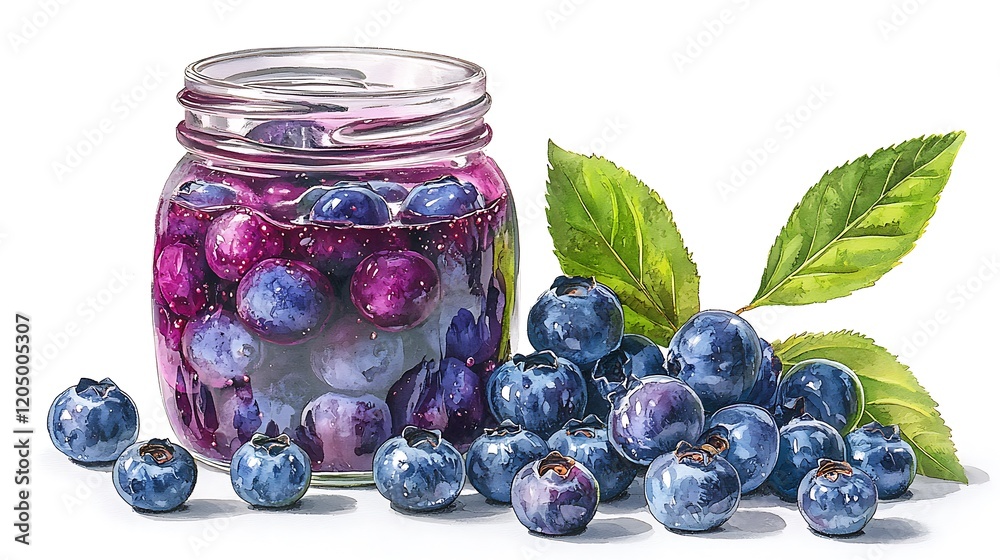 Watercolor Painting of Blueberries in a Jar. Watercolor Painting of Blueberries in a Jar.