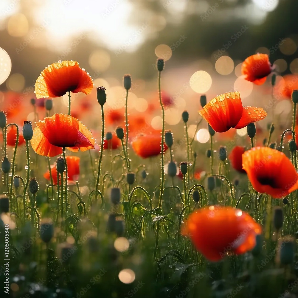 Obraz premium Poppies, poppy field, dew drops glitter in the sun - generative AI