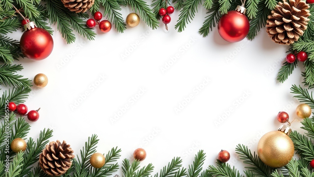 A festive branch adorned with red and gold ornaments, pine cones against a pristine white backdrop, capturing the essence of holiday elegance A festive branch adorned with red and gold ornaments, pine cones against a pristine white backdrop, capturing the essence of holiday elegance