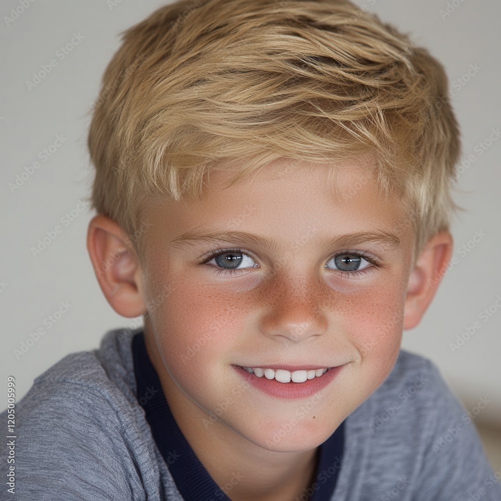 Cheerful young boy portrait indoor setting natural light close-up happiness Cheerful young boy portrait indoor setting natural light close-up happiness